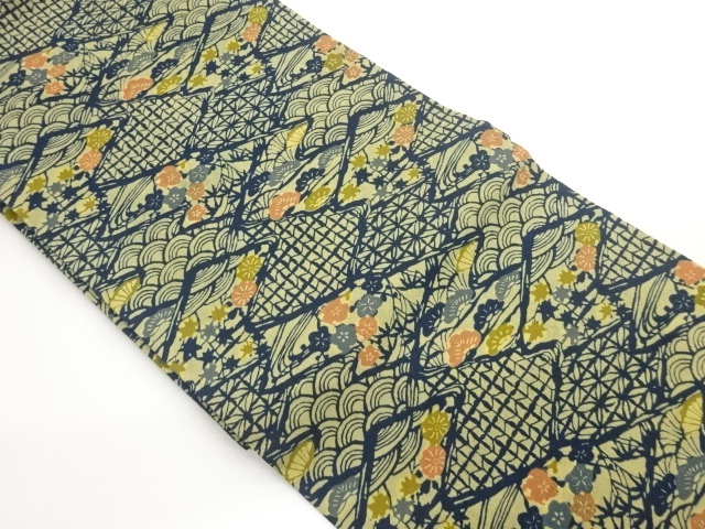 上代紬草木染松竹梅に草花・古典柄模様名古屋帯